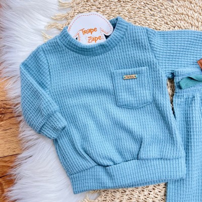 Conj. Casaco Malha Wafle e Calça - Azul